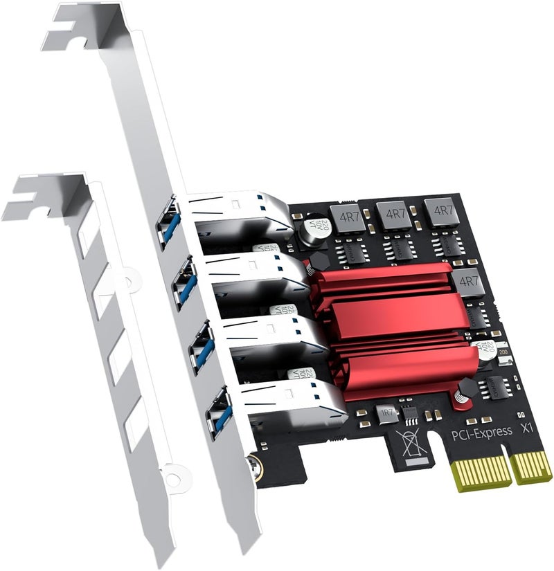 GLOTRENDS U3044BG بطاقة توسيع PCIe 4-Port USB 3.0 Type-A 5Gb، حوامل عادية ومنخفضة، متوافقة مع ويندوز ولينكس (لا تدعم ماك أو إس) - Image 1